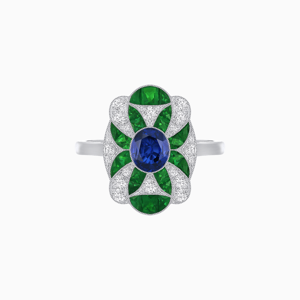 Vintage Floral Ring Mounting with Oval Center Stone, Calibre-Cut Gemstone Accents and Diamond Details - Shahin Jewelry