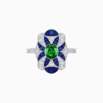 Load image into Gallery viewer, Vintage Floral Ring Mounting with Oval Center Stone, Calibre-Cut Gemstone Accents and Diamond Details - Shahin Jewelry