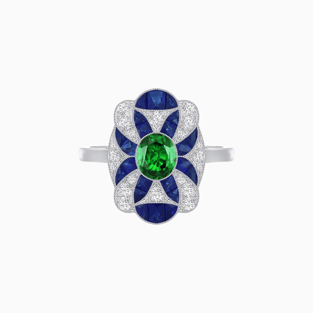 Vintage Floral Ring Mounting with Oval Center Stone, Calibre-Cut Gemstone Accents and Diamond Details - Shahin Jewelry