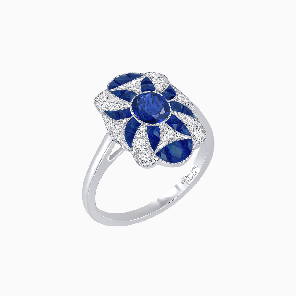 Vintage Floral Ring Mounting with Oval Center Stone, Calibre-Cut Gemstone Accents and Diamond Details - Shahin Jewelry