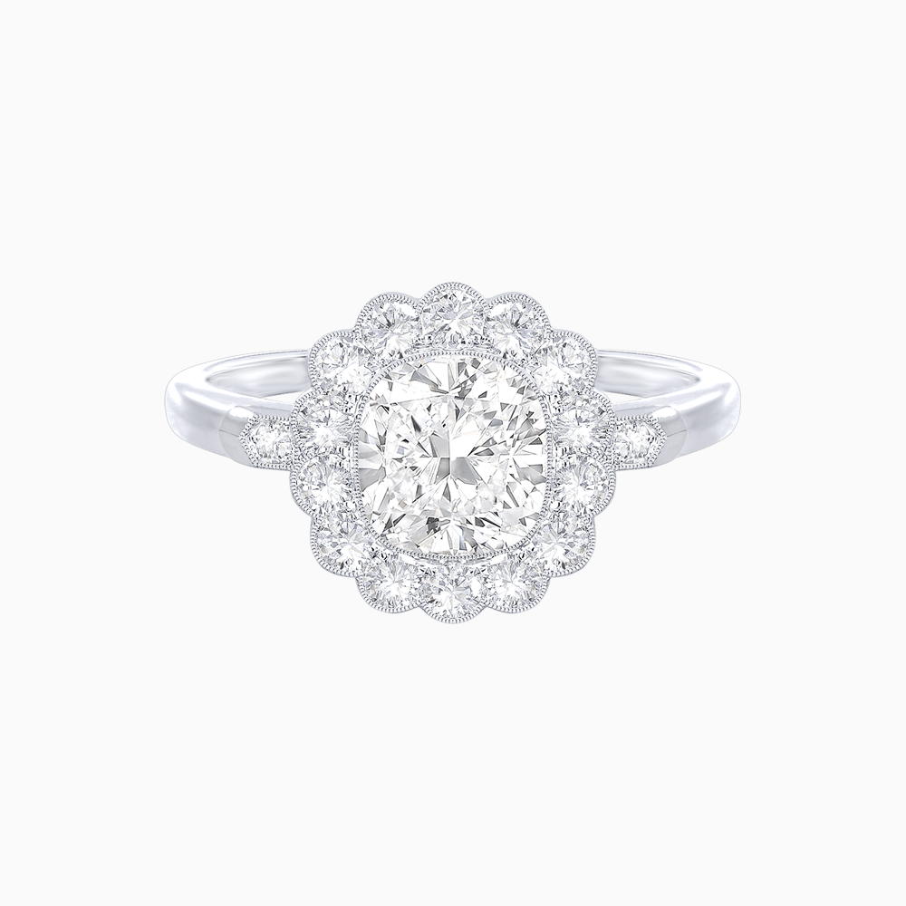 Vintage - Inspired Cushion Cut Cluster Ring with Floral Halo - Mounting - Shahin Jewelry