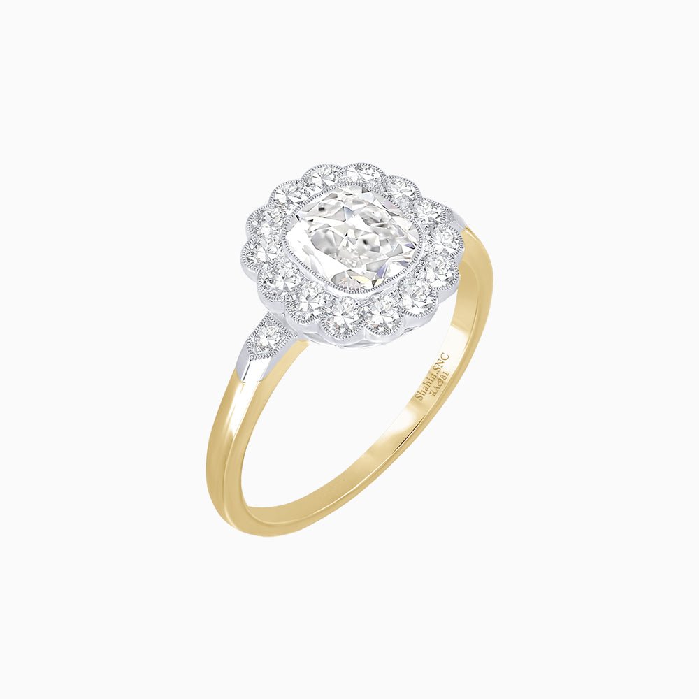Vintage - Inspired Cushion Cut Cluster Ring with Floral Halo - Mounting - Shahin Jewelry