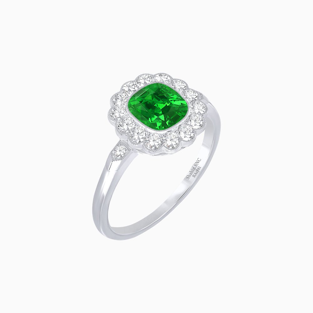 Vintage - Inspired Cushion Cut Cluster Ring with Floral Halo - Mounting - Shahin Jewelry