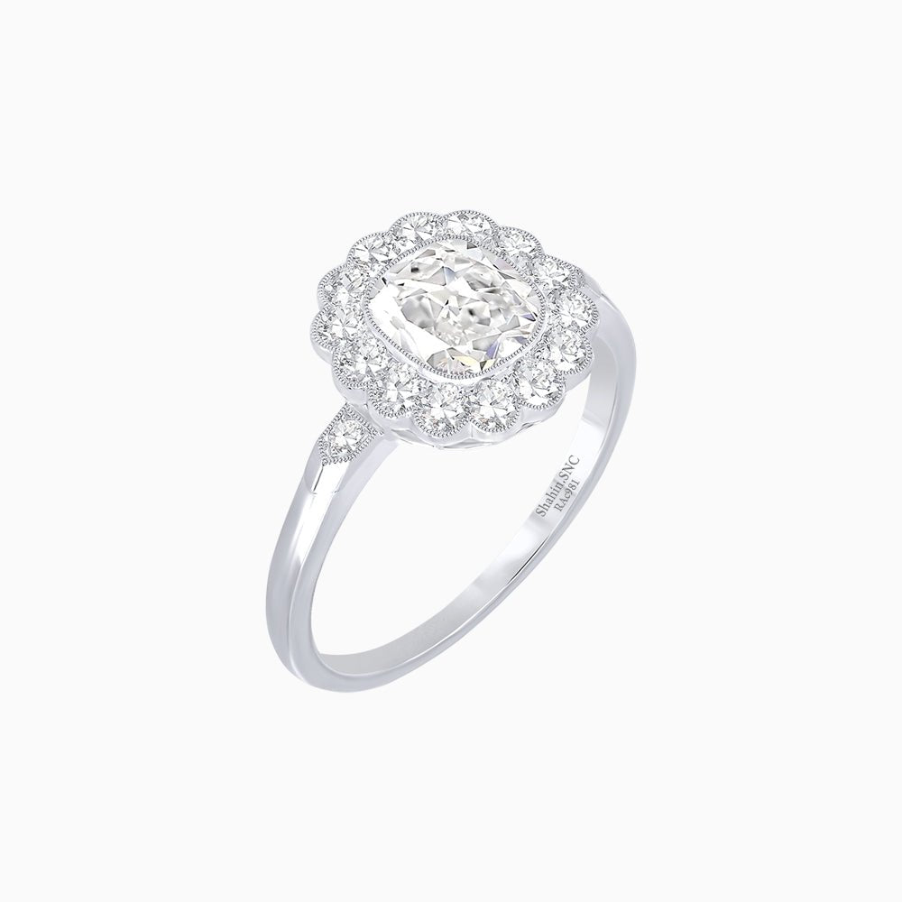 Vintage - Inspired Cushion Cut Cluster Ring with Floral Halo - Mounting - Shahin Jewelry