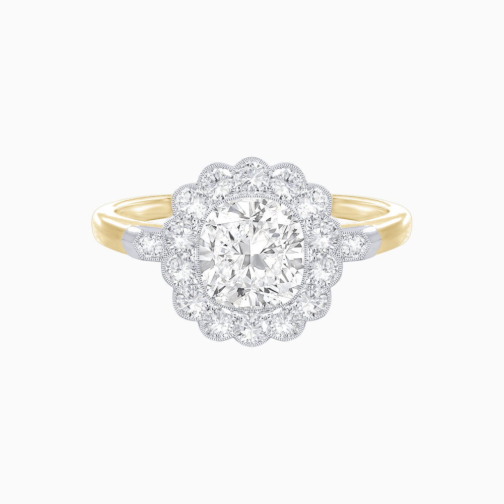 Vintage - Inspired Cushion Cut Cluster Ring with Floral Halo - Mounting - Shahin Jewelry