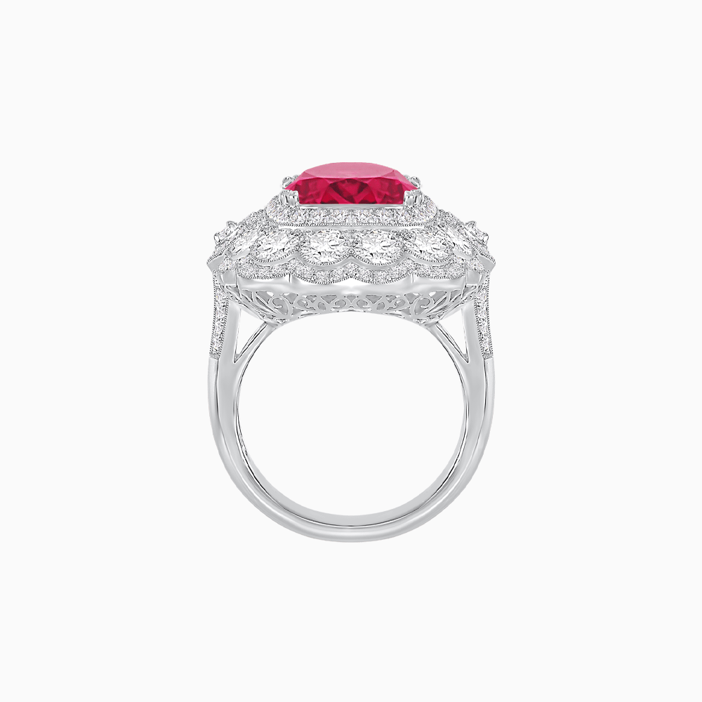 Vintage Inspired Cushion Cut Double Halo Floral Cocktail Ring - Shahin Jewelry
