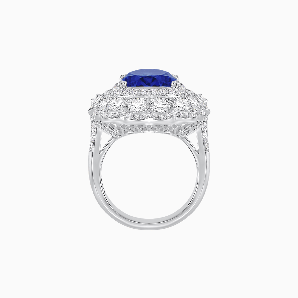 Vintage Inspired Cushion Cut Double Halo Floral Cocktail Ring - Shahin Jewelry