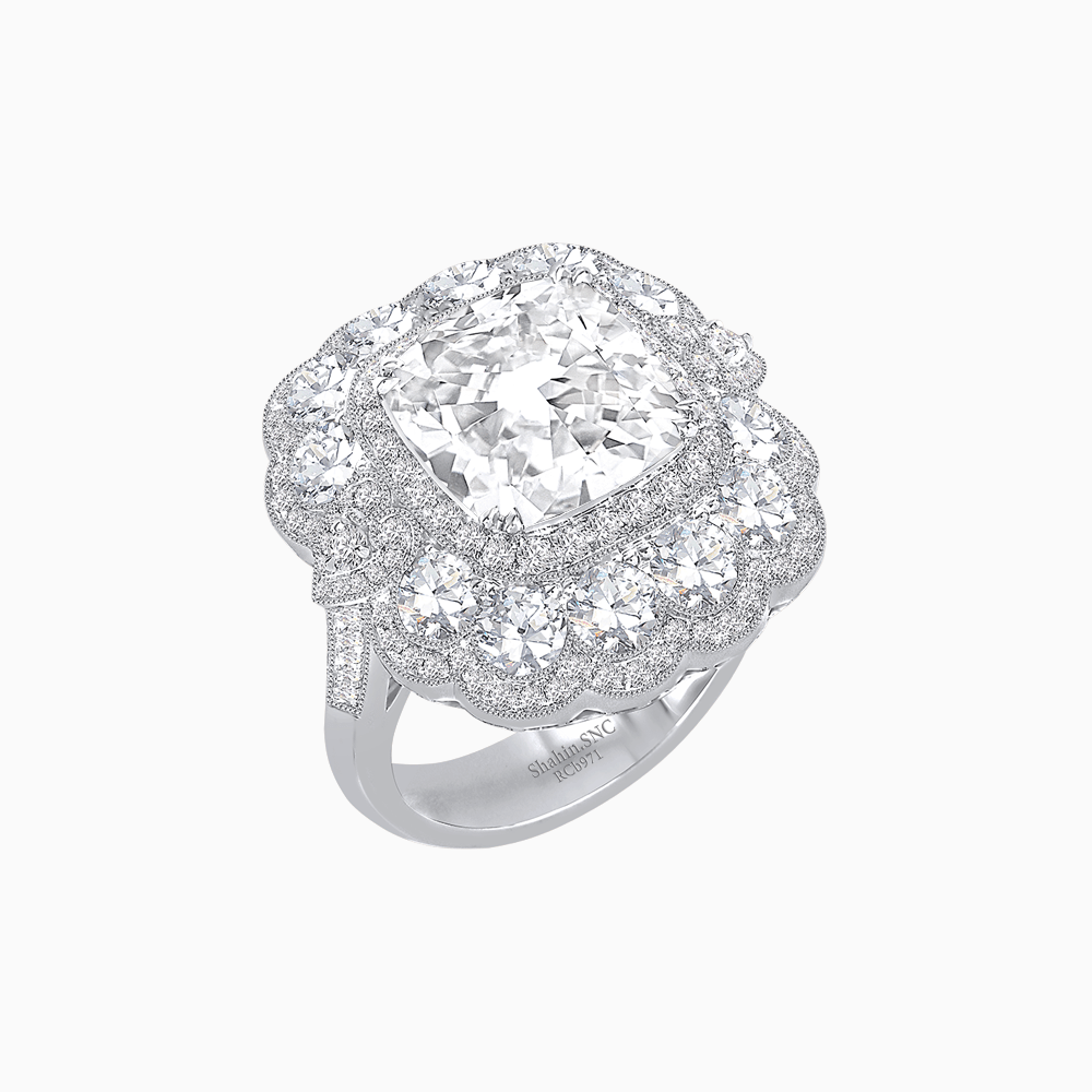 Vintage Inspired Cushion Cut Double Halo Floral Cocktail Ring - Shahin Jewelry