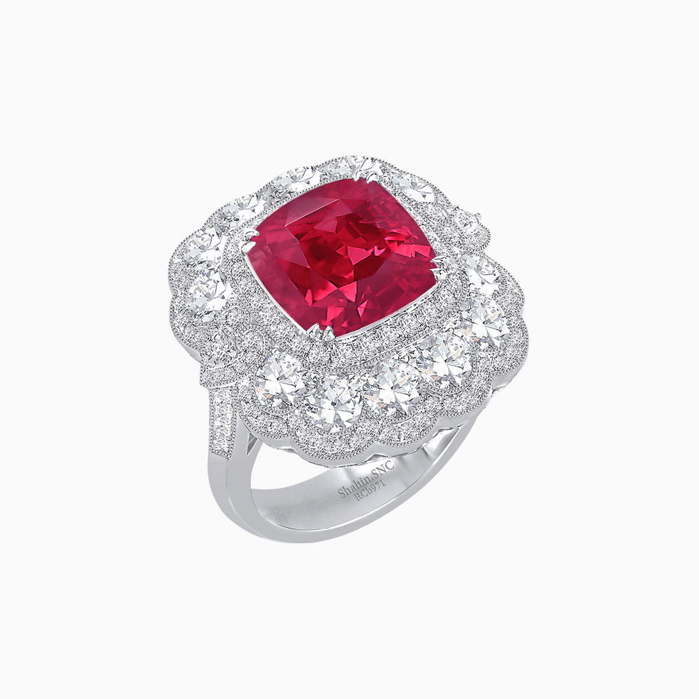 Vintage Inspired Cushion Cut Double Halo Floral Cocktail Ring - Shahin Jewelry