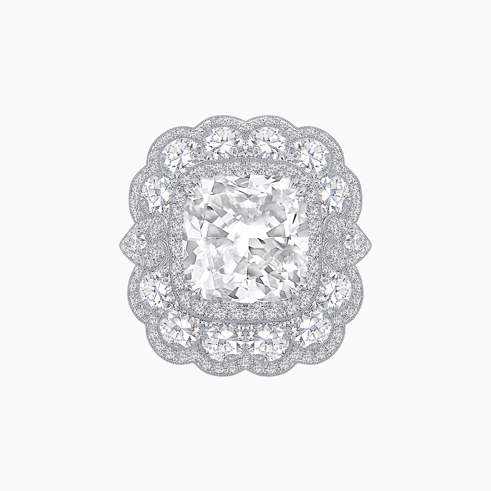 Vintage Inspired Cushion Cut Double Halo Floral Cocktail Ring - Shahin Jewelry