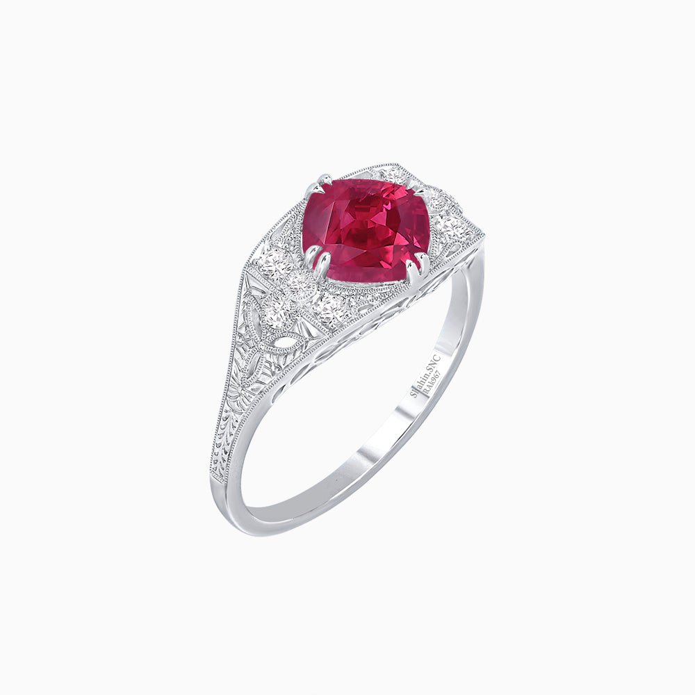 Vintage-Inspired Cushion Cut Ring with Diamond Accents and Hand-Engraved Details - Shahin Jewelry