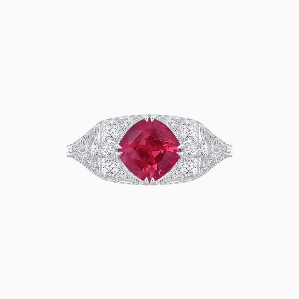Vintage-Inspired Cushion Cut Ring with Diamond Accents and Hand-Engraved Details - Shahin Jewelry