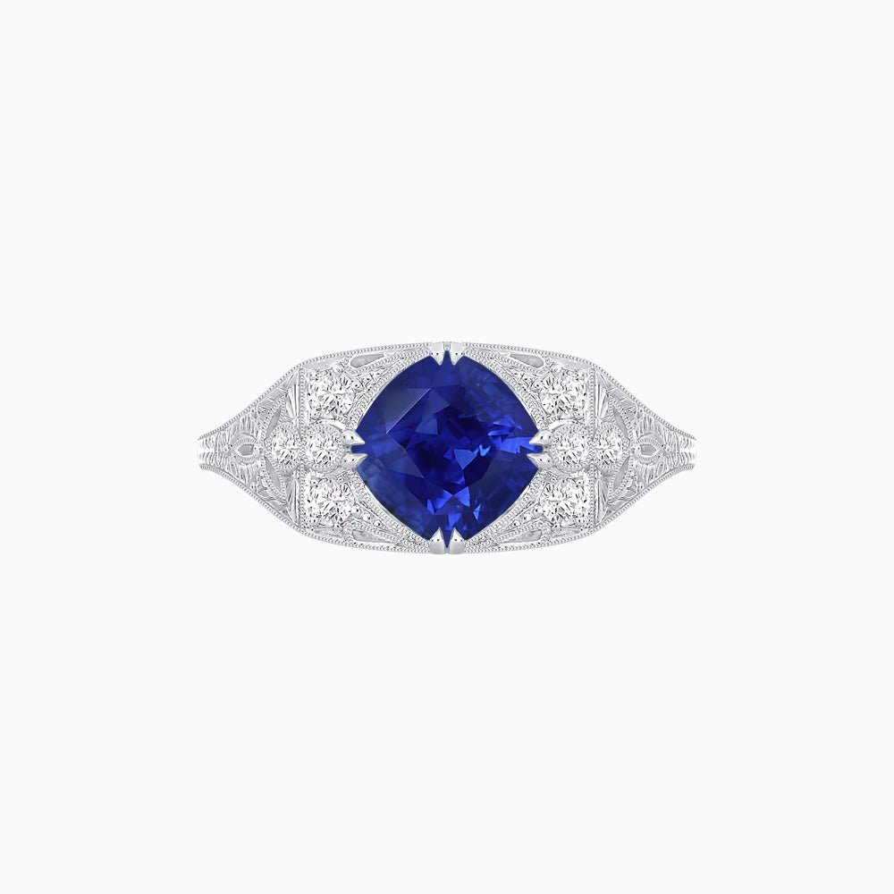 Vintage-Inspired Cushion Cut Ring with Diamond Accents and Hand-Engraved Details - Shahin Jewelry