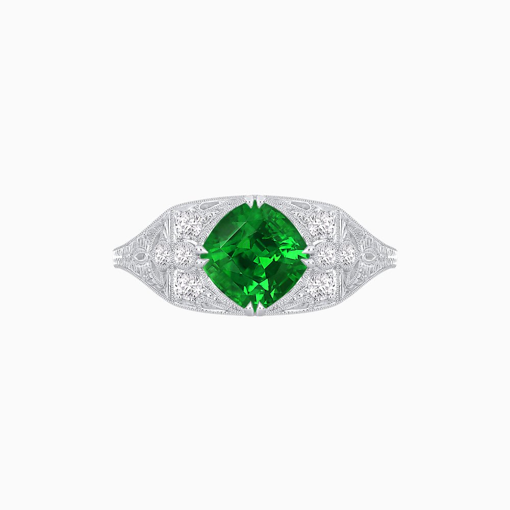 Vintage-Inspired Cushion Cut Ring with Diamond Accents and Hand-Engraved Details - Shahin Jewelry