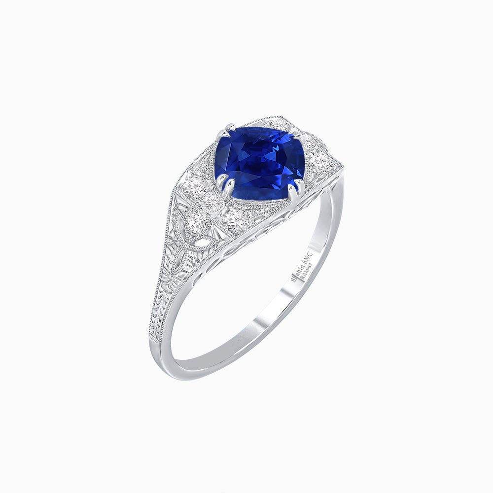 Vintage-Inspired Cushion Cut Ring with Diamond Accents and Hand-Engraved Details - Shahin Jewelry