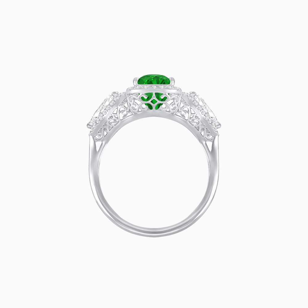 Vintage Inspired Cushion Cut Three-Stone Halo Ring with Pear-Shaped Side Stones - Shahin Jewelry