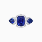 Load image into Gallery viewer, Vintage Inspired Cushion Cut Three-Stone Halo Ring with Pear-Shaped Side Stones - Shahin Jewelry