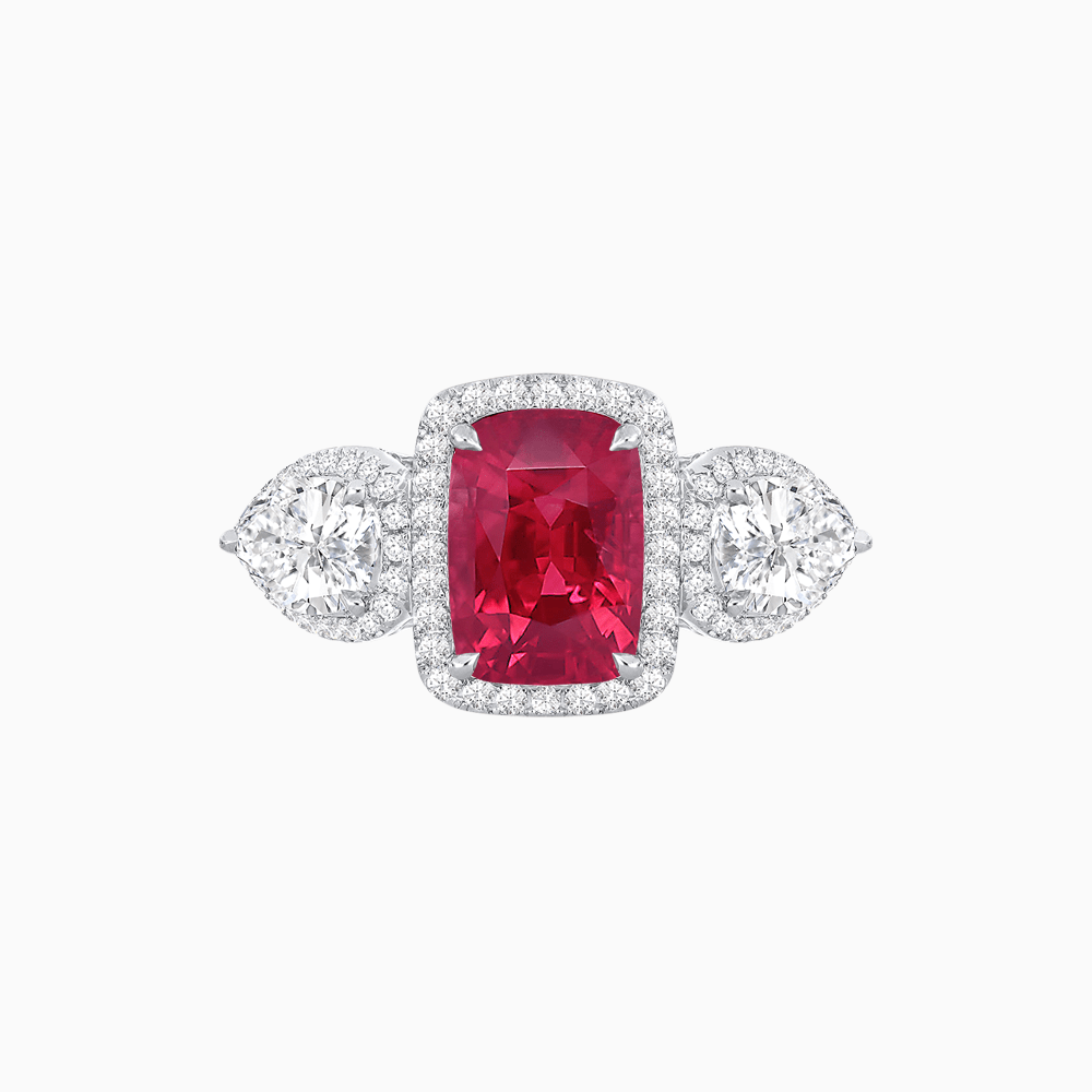 Vintage Inspired Cushion Cut Three-Stone Halo Ring with Pear-Shaped Side Stones - Shahin Jewelry