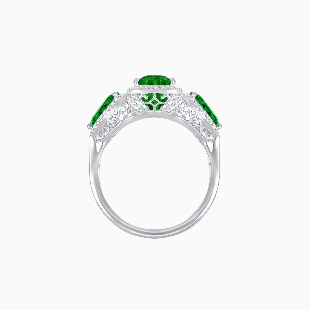 Vintage Inspired Cushion Cut Three-Stone Halo Ring with Pear-Shaped Side Stones - Shahin Jewelry