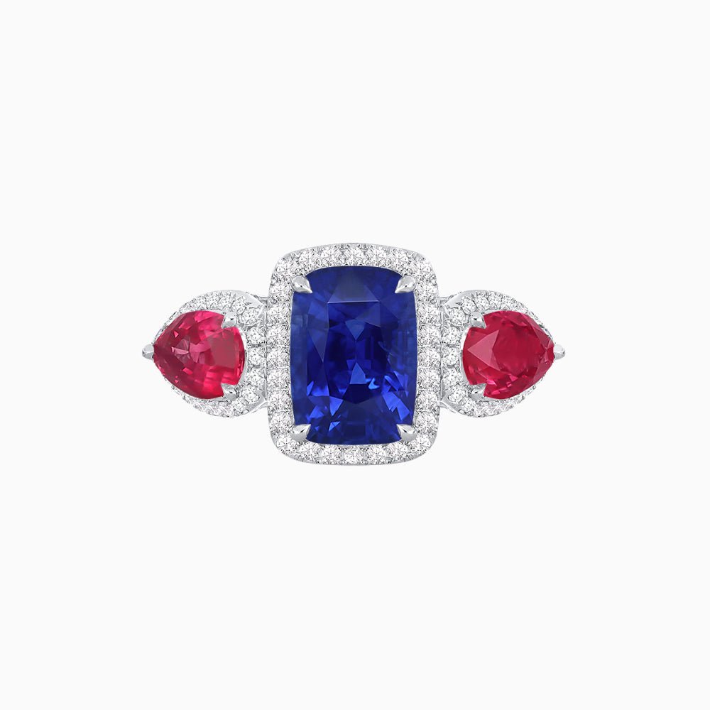 Vintage Inspired Cushion Cut Three-Stone Halo Ring with Pear-Shaped Side Stones - Shahin Jewelry