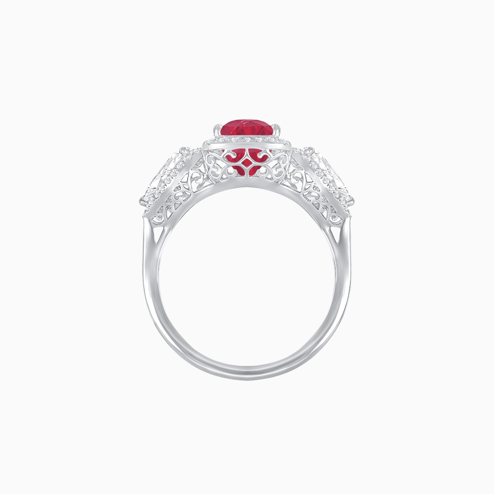 Vintage Inspired Cushion Cut Three-Stone Halo Ring with Pear-Shaped Side Stones - Shahin Jewelry