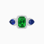 Load image into Gallery viewer, Vintage Inspired Cushion Cut Three-Stone Halo Ring with Pear-Shaped Side Stones - Shahin Jewelry