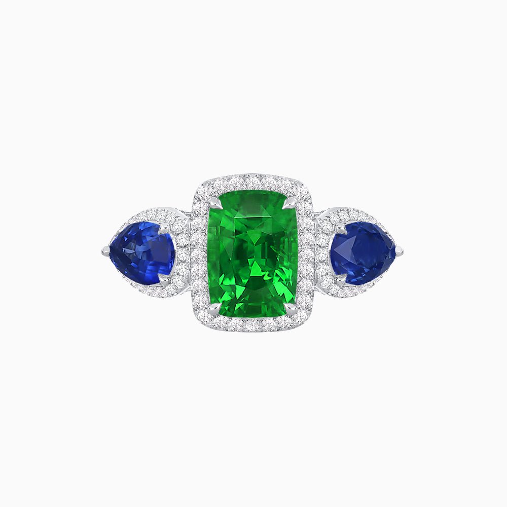 Vintage Inspired Cushion Cut Three-Stone Halo Ring with Pear-Shaped Side Stones - Shahin Jewelry