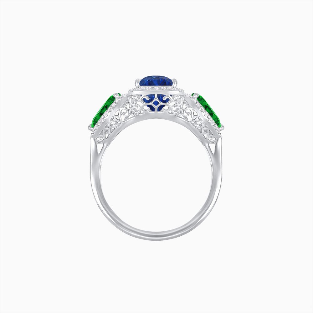 Vintage Inspired Cushion Cut Three-Stone Halo Ring with Pear-Shaped Side Stones - Shahin Jewelry