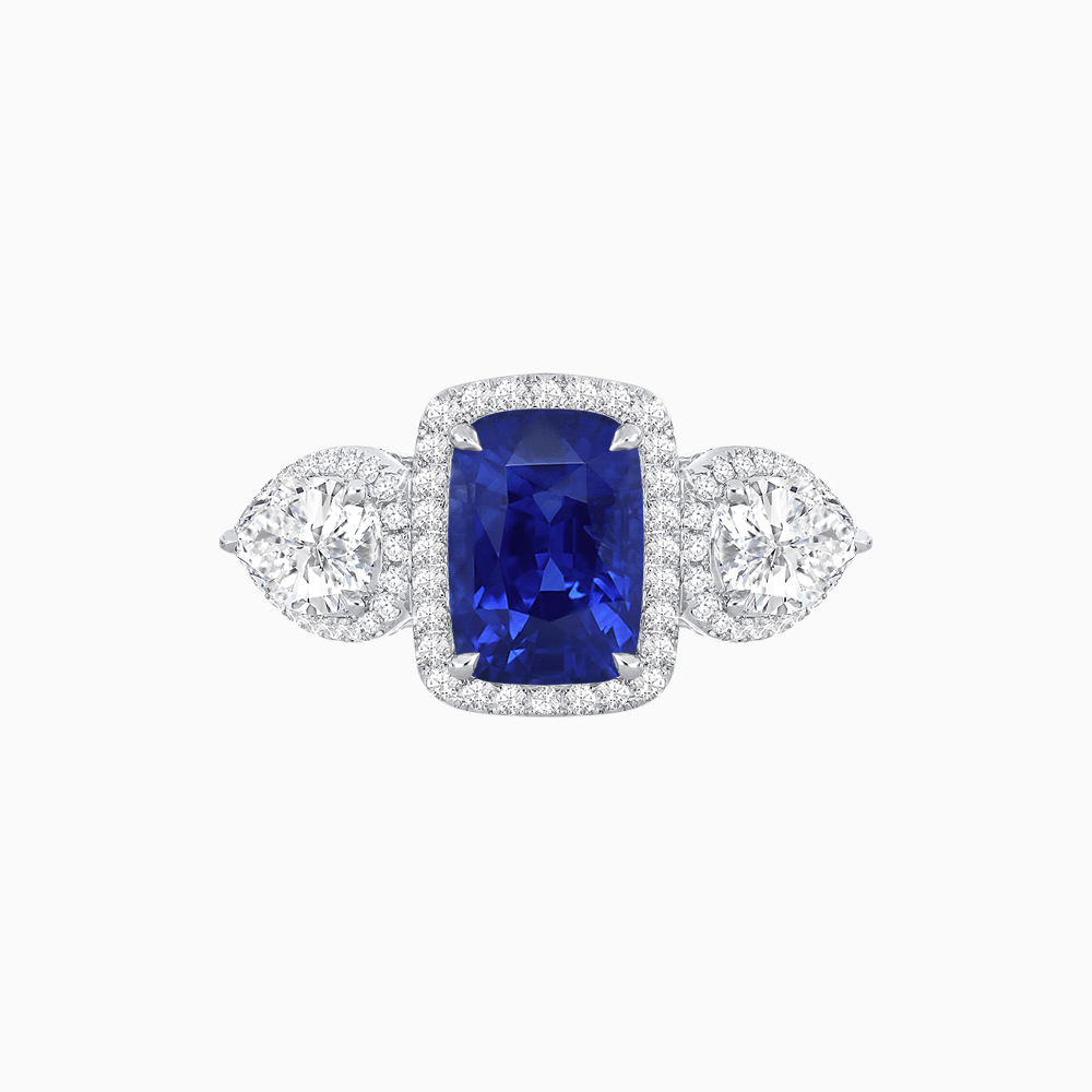 Vintage Inspired Cushion Cut Three-Stone Halo Ring with Pear-Shaped Side Stones - Shahin Jewelry