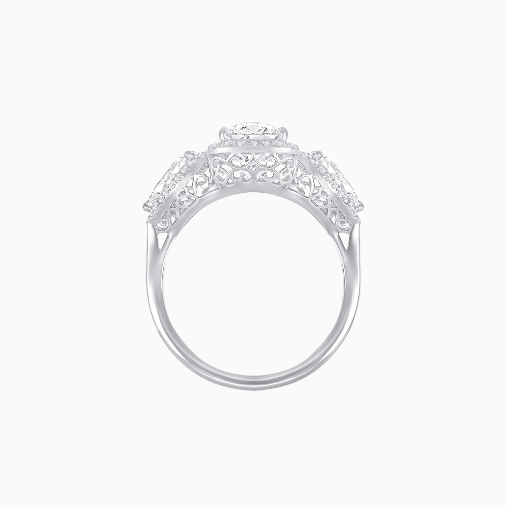 Vintage Inspired Cushion Cut Three-Stone Halo Ring with Pear-Shaped Side Stones - Shahin Jewelry
