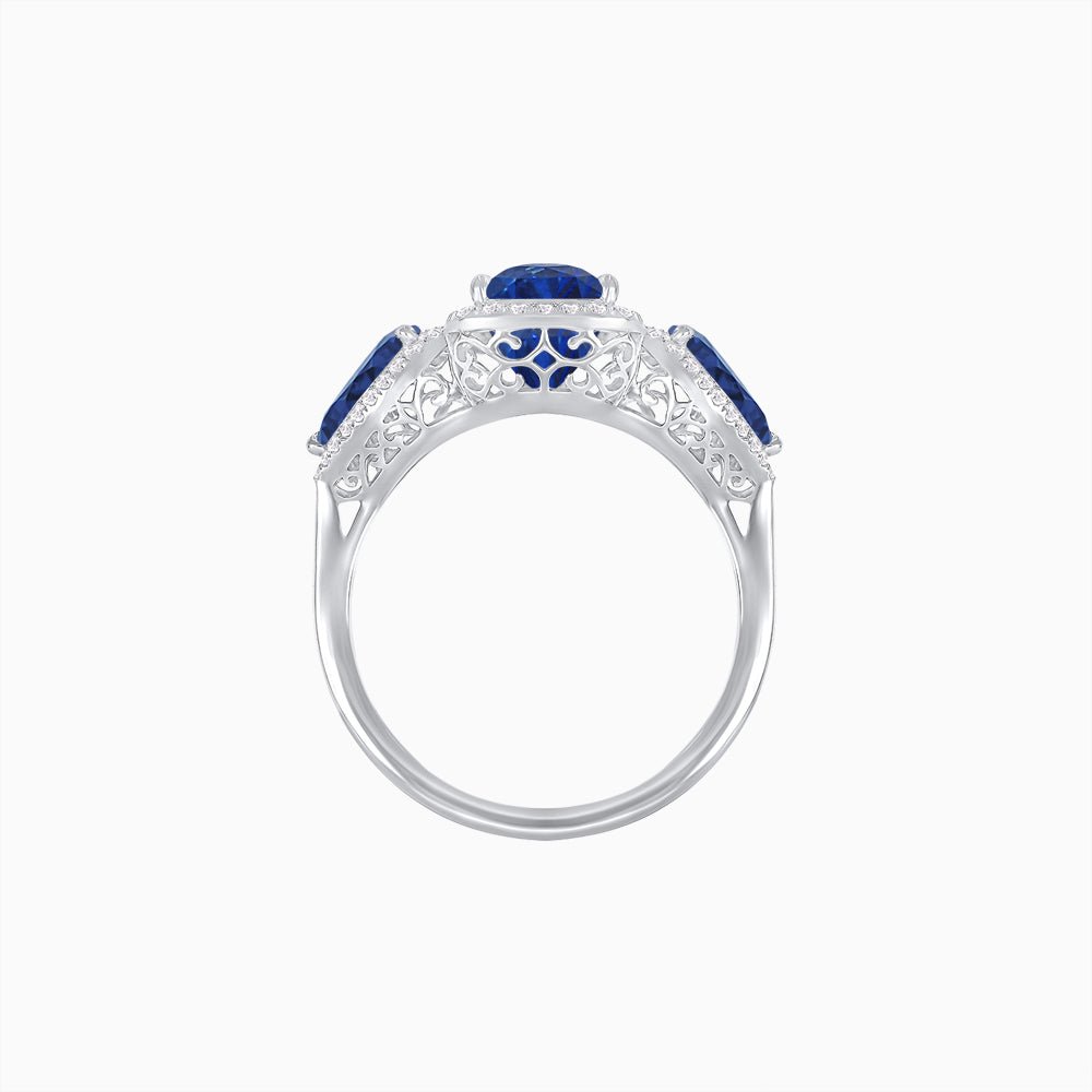Vintage Inspired Cushion Cut Three-Stone Halo Ring with Pear-Shaped Side Stones - Shahin Jewelry