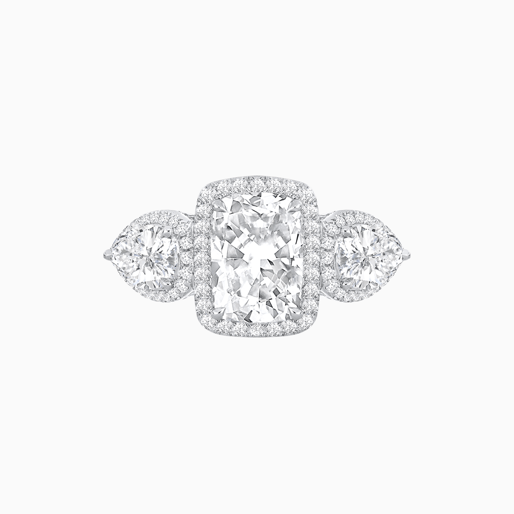 Vintage Inspired Cushion Cut Three-Stone Halo Ring with Pear-Shaped Side Stones - Shahin Jewelry