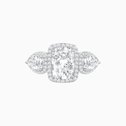 Vintage Inspired Cushion Cut Three-Stone Halo Ring with Pear-Shaped Side Stones - Shahin Jewelry