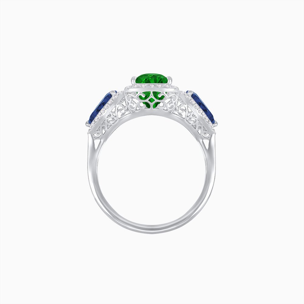 Vintage Inspired Cushion Cut Three-Stone Halo Ring with Pear-Shaped Side Stones - Shahin Jewelry