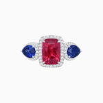Load image into Gallery viewer, Vintage Inspired Cushion Cut Three-Stone Halo Ring with Pear-Shaped Side Stones - Shahin Jewelry