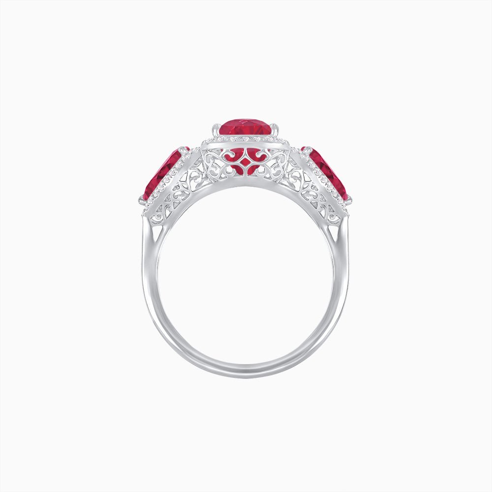 Vintage Inspired Cushion Cut Three-Stone Halo Ring with Pear-Shaped Side Stones - Shahin Jewelry