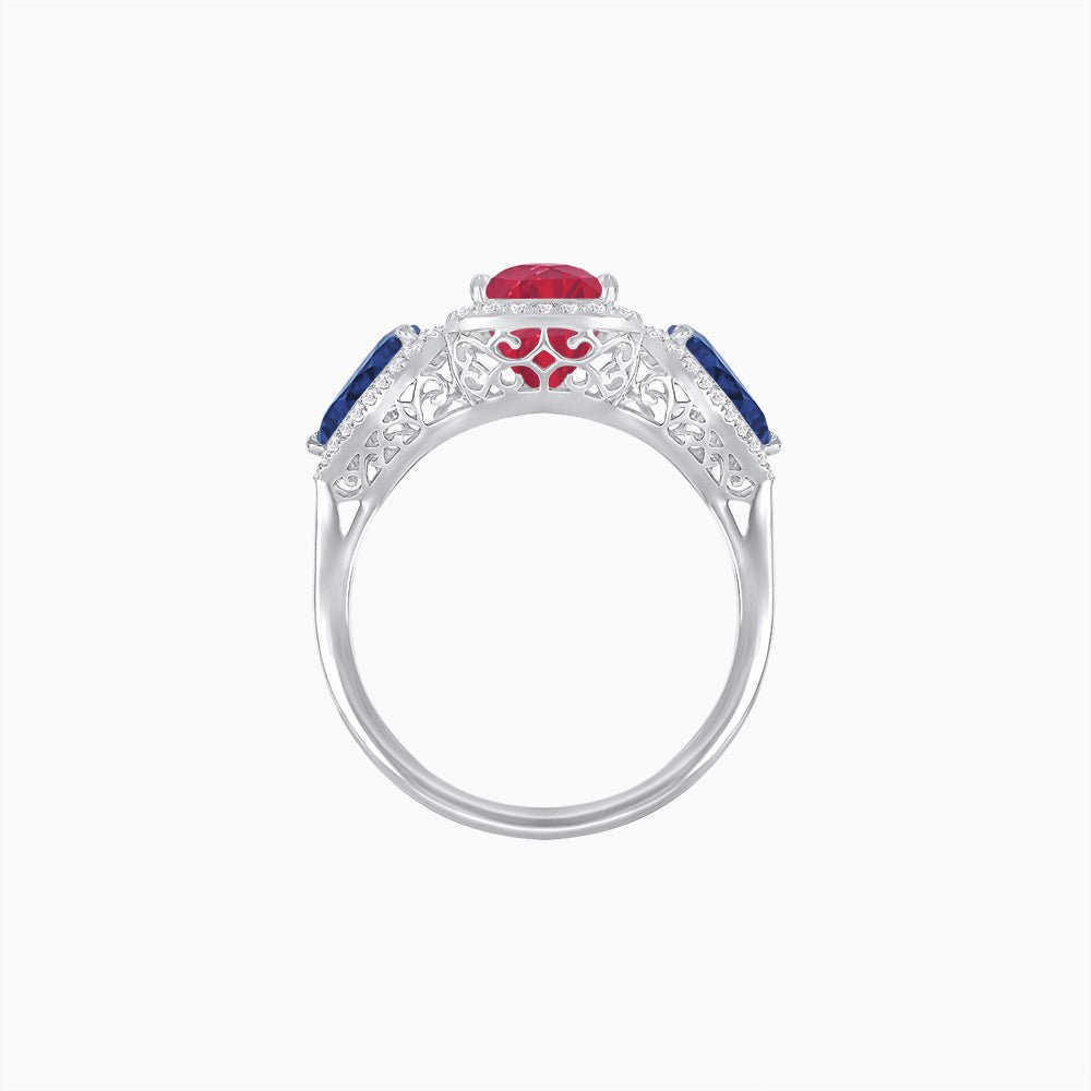 Vintage Inspired Cushion Cut Three-Stone Halo Ring with Pear-Shaped Side Stones - Shahin Jewelry