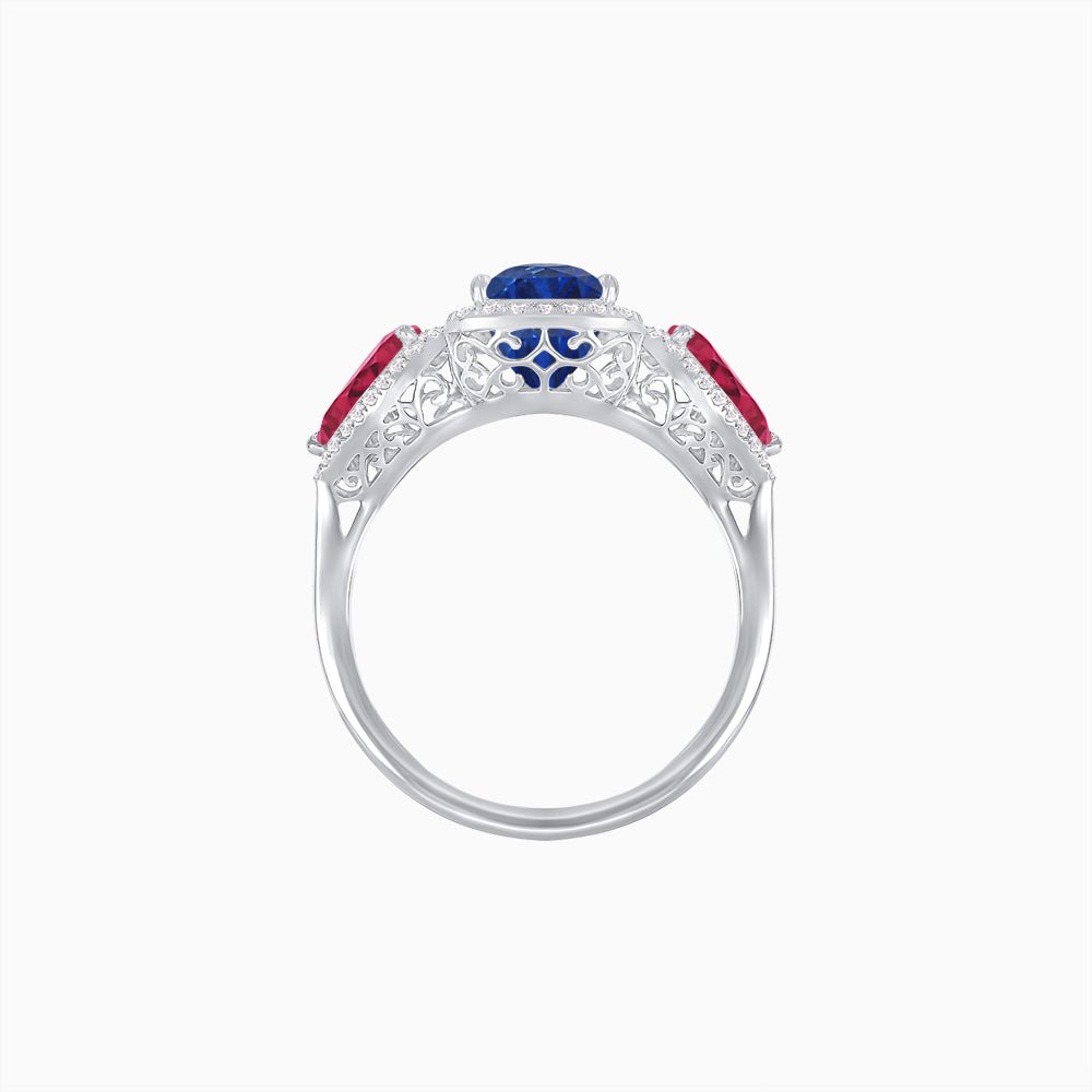 Vintage Inspired Cushion Cut Three-Stone Halo Ring with Pear-Shaped Side Stones - Shahin Jewelry