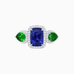 Load image into Gallery viewer, Vintage Inspired Cushion Cut Three-Stone Halo Ring with Pear-Shaped Side Stones - Shahin Jewelry
