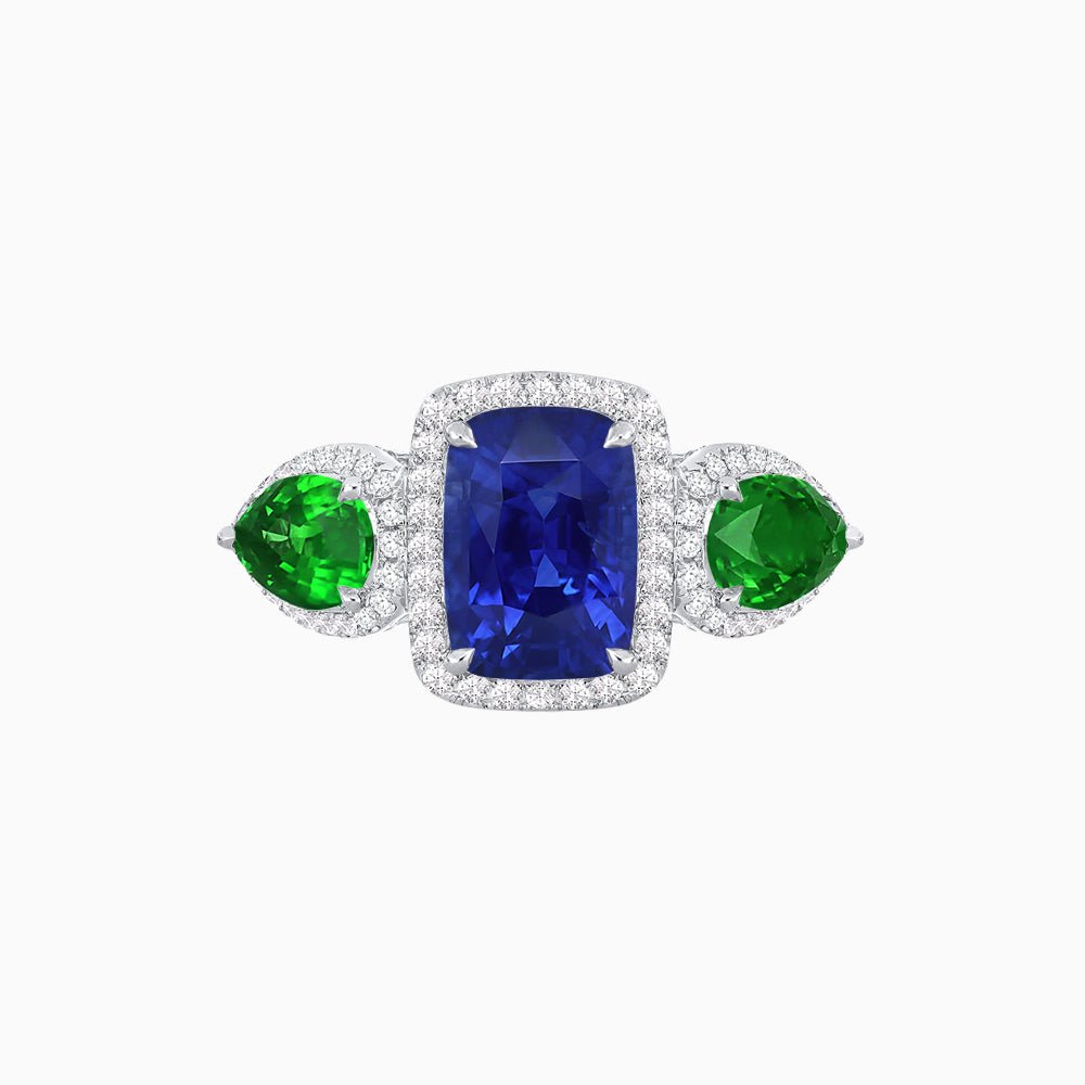 Vintage Inspired Cushion Cut Three-Stone Halo Ring with Pear-Shaped Side Stones - Shahin Jewelry