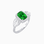 Vintage Inspired Cushion Cut Three-Stone Halo Ring with Pear-Shaped Side Stones - Shahin Jewelry