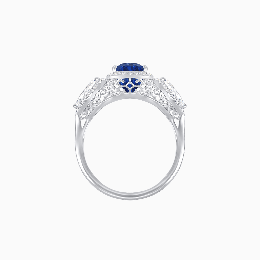Vintage Inspired Cushion Cut Three-Stone Halo Ring with Pear-Shaped Side Stones - Shahin Jewelry