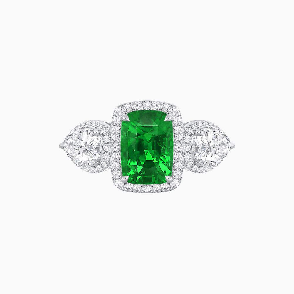 Vintage Inspired Cushion Cut Three-Stone Halo Ring with Pear-Shaped Side Stones - Shahin Jewelry