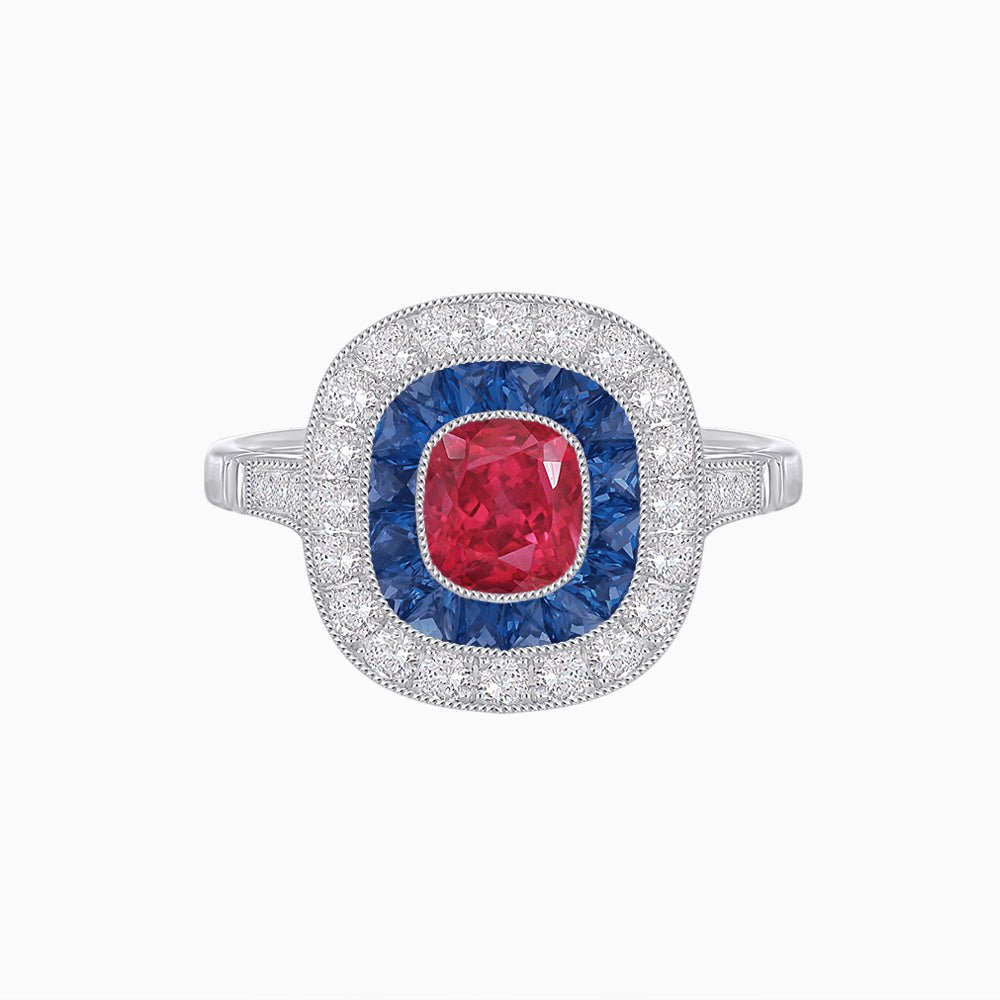 Vintage-Inspired Cushion Halo Diamond Engagement Ring with Gemstone (Mounting) - Shahin Jewelry