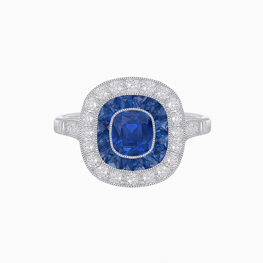 Vintage-Inspired Cushion Halo Diamond Engagement Ring with Gemstone (Mounting) - Shahin Jewelry