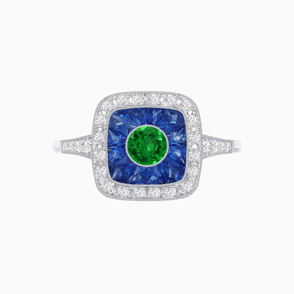 Vintage - Inspired Cushion Halo Mounting Ring with Diamond & Gemstone Accents - Shahin Jewelry