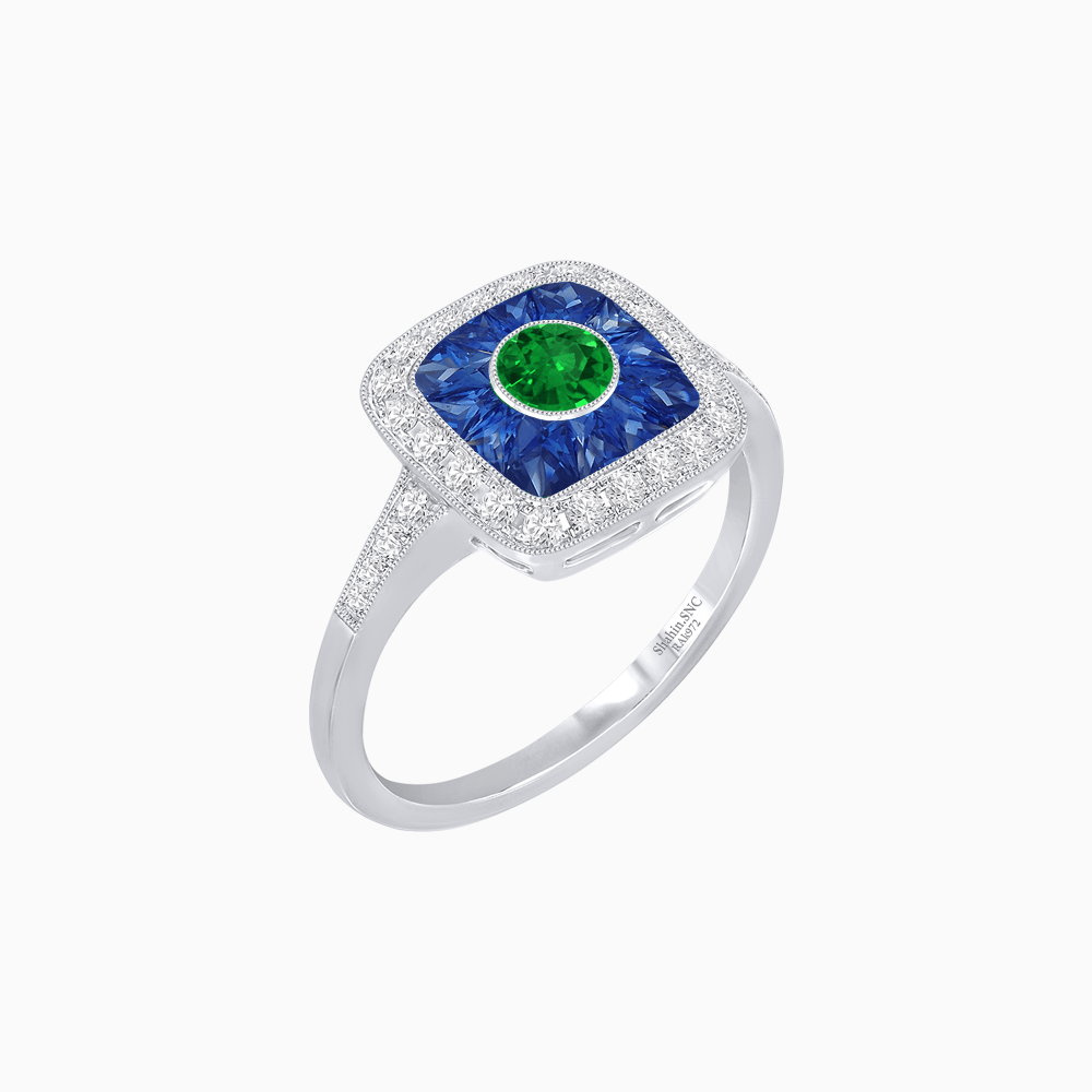 Vintage - Inspired Cushion Halo Mounting Ring with Diamond & Gemstone Accents - Shahin Jewelry