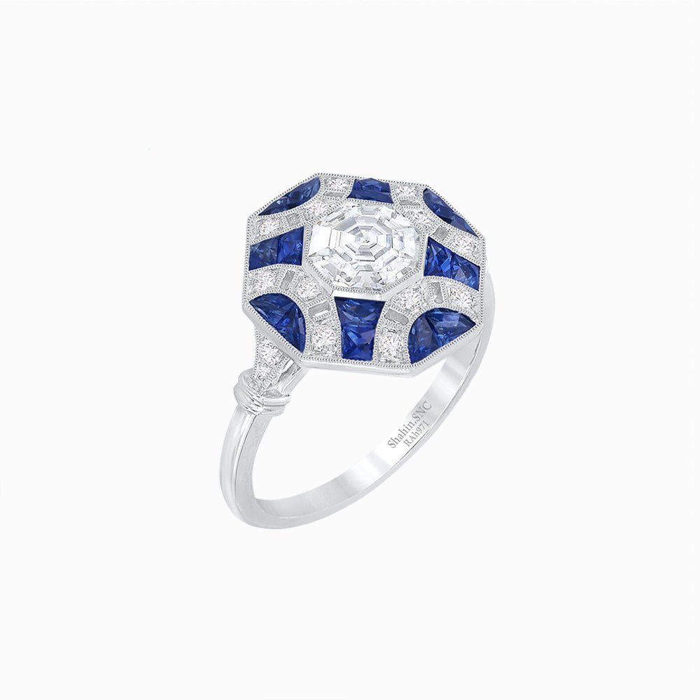 Vintage Inspired Diamond & Half Moon Sapphire Halo Ring - Shahin Jewelry