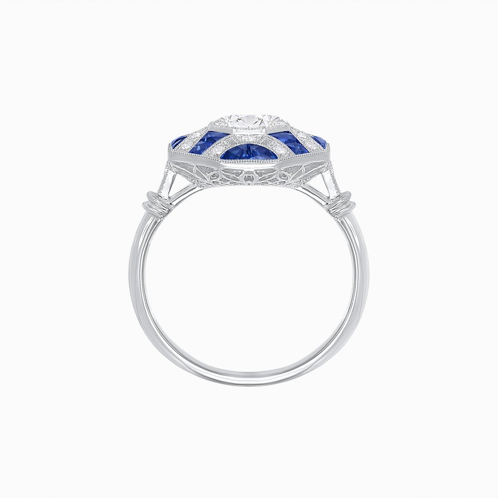 Vintage Inspired Diamond & Half Moon Sapphire Halo Ring - Shahin Jewelry