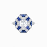 Load image into Gallery viewer, Vintage Inspired Diamond &amp; Half Moon Sapphire Halo Ring - Shahin Jewelry
